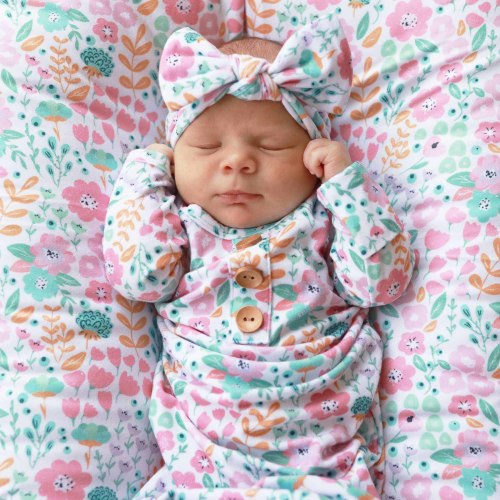 Willow's Whimsy Floral Newborn Baby Knot Gown & Hat Set