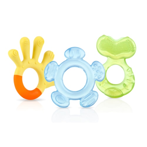 Nuby 3-Step Soothing Teether Set for Infants, Green/Blue/Yellow Unisex Teethers, 3 Count