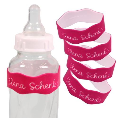 InchBug Orbit Labels - Baby Bottle Name Labels for Daycare, Sippy Cup Bands - Engraved Silicone, Reusable, Dishwasher Safe, White Contrasting Personalization, 4-Pack (Wild Berry Punch)