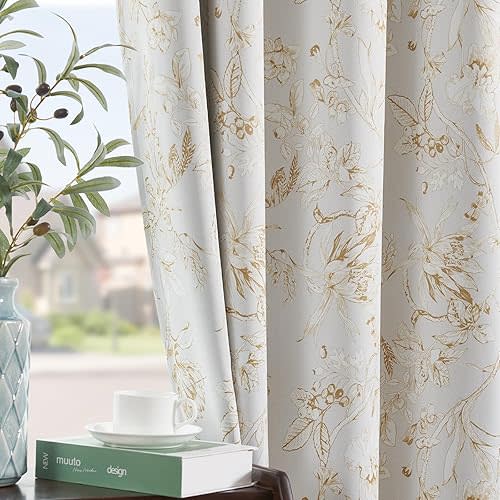 jinchan Floral 95% Blackout Curtains for Bedroom 84 Inches Long, Yellow Flower Patterned Curtain Black Out Printed Curtains Cottage Core Curtain Grommet Top Window Drapes Set 2 Panels