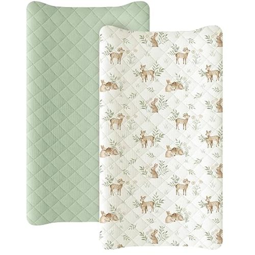 Konssy Waterproof Muslin Changing Pad Cover 2 Pack, Quilted Cotton Fitted Diaper Changing Table Cover, Soft Changing Pad Sheets for Girls Boys (Woodland, Sage)