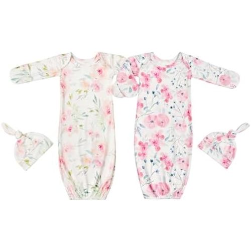 Newborn Baby Sleeper Gown with Hat Knotted Gown Nightgown Coming Home Outfits for Baby Girl 2 Pieces Set