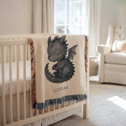 Personalized Black Dragon Baby Blanket, Custom Name Sleeping Fantasy Creature Throw, Baby Boy Nursery Decor, Mythical Shower Gift for Kids