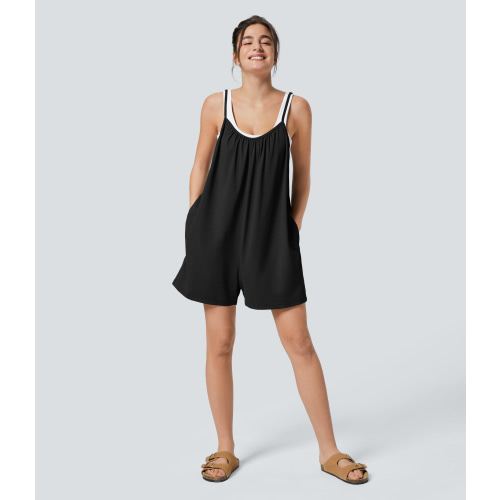 Spaghetti Adjustable Strap Side Pocket Solid Wide Leg Casual Jumpsuit