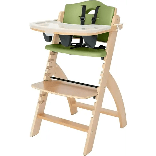 Abiie Beyond Junior Wooden High Chair with Tray - Adjustable and Convertible High Chair for Babies and Toddlers - 6 Months to 250 Lb - Water Resistant - Natural Wood/Olive Cushion