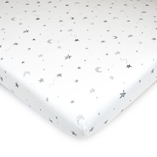 American Baby Company 100% Natural Cotton Fitted Mini Crib Sheet 38" x 24" - Soft & Breathable Small Nesting Portable Crib Sheet, Fits Pack N Play Mattresses, Gray Stars and Moons, for Boys & Girls