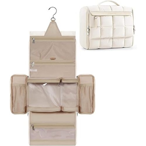 BAGSMART Travel Toiletry Bag, Extra Large Full-open Hanging Toiletry Bag for Women, Puffy Cosmetic Makeup Bag Organizer with Handle for Accessories, Essentials, Toiletries (Beige 13''L)