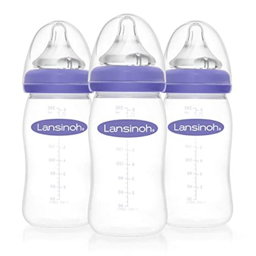 Lansinoh Anti-Colic Baby Bottles for Breastfeeding Babies, 8 Ounces, 3 Count, Includes 3 Medium Flow Nipples, Size M - 8 Ounce, 3 Count