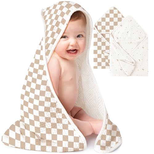 Konssy 2-Pack Muslin Hooded Baby Towels, 100% Cotton, Ultra-Soft & Absorbent Baby Bath Towels with Hood for Newborn & Infant (Coffee Check,Moon,32" x 32")