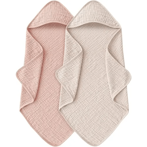 Hooded Baby Bath Towels, 100% Muslin Cotton Baby Girl Towels with Hood for Neutral Newborn Infants, Soft & Absorbent, Large Size - 32 * 32 Inches (Ivory & Pink)