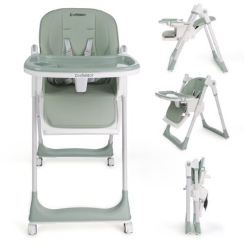 Cochildor 3 in 1 Foldable High Chair for Baby, Adjustable Heights Toddler High Chair with 5 Point Harness, Tray, Foot Rest and Wheels, Green