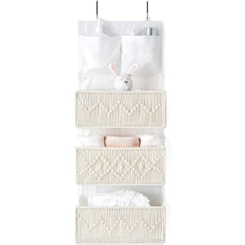 Mkono Macrame Over The Door Organizer, Boho Storage Decor with 3 Woven Pockets, Bedroom Closet Door Hanging Organizer for Baby Nursery Bathroom Pantry Dorm Kids Toys Diapers, Ivory