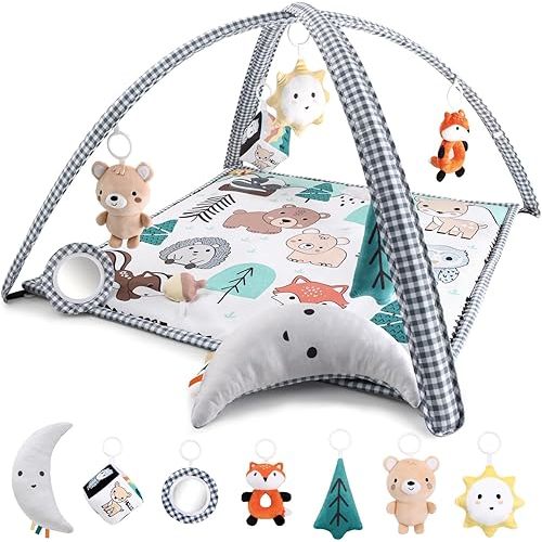 The Peanutshell Unisex Baby Play Gym & 7-in-1 Play Mat - Playmat Baby Toys 0-6, 6-12 Months Tummy Time Mat with Hanging Toys, Soft Padded Mat for Newborns, Infants - Woodland