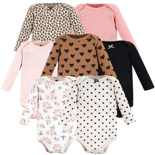 Hudson Baby Infant Girl Cotton Long-Sleeve Bodysuits, Cinnamon Pink Prints 7-Pack