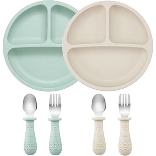 PandaEar Baby Feeding Set| 2 Pack Silicone Divided Suction Plate, 2 Set Toddler Spoons & Forks| Baby Led Weaning Supplies Self Feeding Eating Utensils