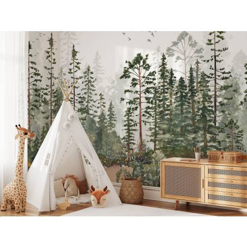 Woodland Watercolor Peel and Stick Wall Mural Fairy Pine Tree Kids Nursery Removable Decal Self Adhesive and Unpasted Forest Wallpaper #3301