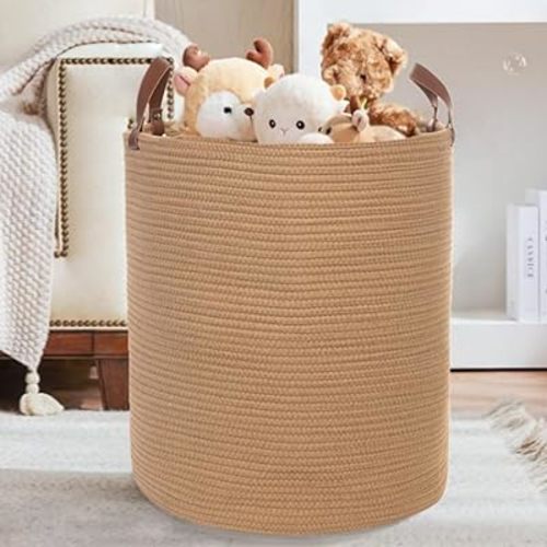 Caroeas XX-Large Cotton Rope Basket, 20'' x 16'' Rope Baskets with Leather Handles, 80L Woven Baby Laundry Blanket Basket, Woven Basket for Toys, Collapsible Thread Laundry Hamper (Brown)