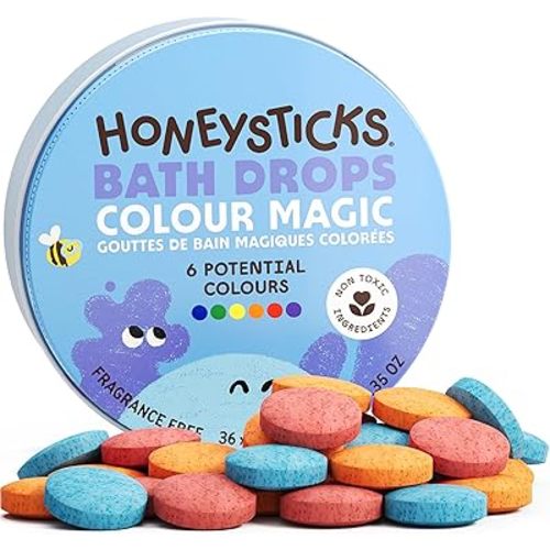Honeysticks Bath Color Tablets for Kids - Non Toxic Bathtub Drops Made with Natural Ingredients and Food Grade Colors - Fragrance Free - Fizzy, Brightly Colored Bathtime Fun, Great Gift - 36 Drops