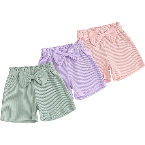 Toddler Baby Girl Shorts 3 Pack Solid Color Ribbed Elastic Waist Cottton Summer Bottoms Midi Shorts Casual Pants