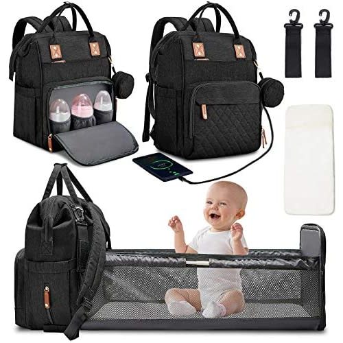 Diaper Bag Backpack with Changing Station Portable Baby Bag Foldable Baby Bed Back Pack Travel Waterproof Large Capacity Travel Bag with USB, Stroller Straps, Insulated Pockets, Gift for Mom Dad Black