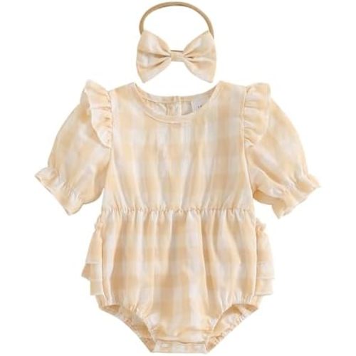 Infant Baby Girl Summer Outfit Plaid Romper Boho Short Sleeve Ruffle Bodysuit with Headband Clothes