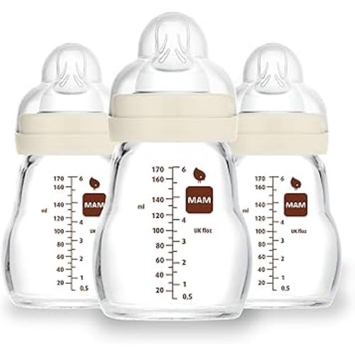 MAM Premium Glass Baby Bottles, Easy Switch Between Breast and Bottle, Feel Good Slow Flow, Newborn Essentials Must Have, 0+ Months, BPA Free, 6oz, Unisex, 3 Pack