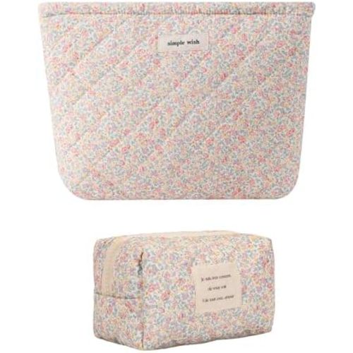 uekeboag 2Pcs Cute Quilted Cotton Makeup Bag, Coquette Quilted Aesthetic Cosmetic Zipper Pouch for Women and Girls,Kawaii Travel Toiletry Bag(07Purple and Pink)