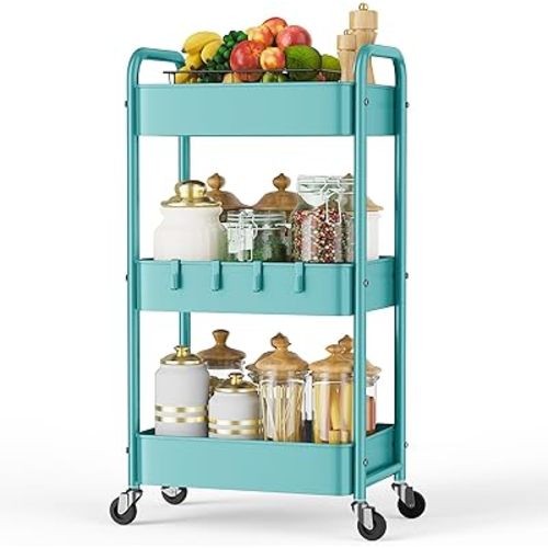 LEHOM 3 Tier Rolling Storage Cart, Metal Trolley Utility Cart with Wheels & Hooks, Easy Assembly Organizer Storage Cart for Bathroom Kitchen Office Bedroom (Blue)