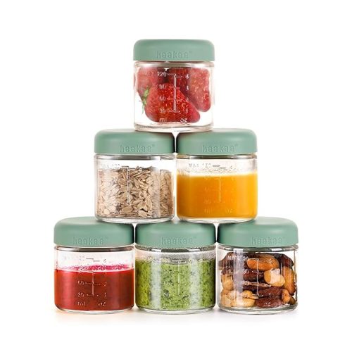 haakaa Glass Baby Food Jar with Silicone Lid – 6pc 6 x 4oz,Premium Lab-quality Borosilicate Glass, Plastic-free, Freezer, Microwave & Ovensafe.