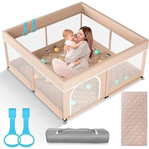 Omzer Baby Playpen with Mat 50x50inch: Large Playpen for Babies and Toddlers Indoor Safety Play Pen with Soft Breathable Mesh - All-Wrapped Sponge Sturdy Play Yard with Stable Mat Magic Sticker Beige