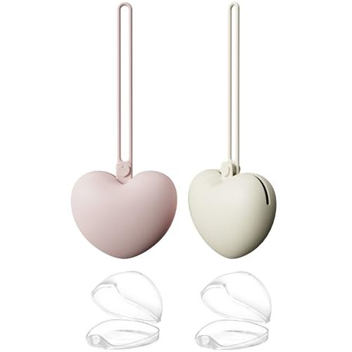 4pcs Pacifier Holder Case Set, 2pcs Silicone Portable Pacifier Pouch and 2pcs Transparent Pacifier Storage Container, Cute Heart Shape Pacifier Storage Case for Newborn Baby(Pink+Khaki)