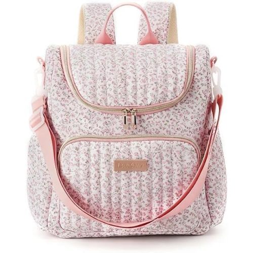 Lushandy Quilted Diaper Bag Backpack, Compact Floral Diaper Backpack Purse with Stroller Straps Baby Travel Hospital Bag