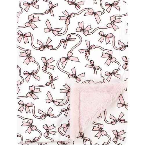 Hudson Baby Unisex Baby Plush Blanket with Furry Binding and Back, Pink Bows, One Size