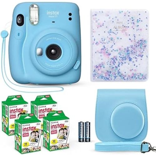 Fujifilm Instax Mini 11 Instant Camera Sky Blue + Fuji Film Value Pack (40 Sheets) + Shutter Accessories Bundle, Incl. Compatible Carrying Case, Quicksand Beads Photo Album 64 Pockets