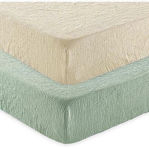david's kids Muslin Crib Sheets for Boys Girls, 2 Pack 100% Cotton Soft Breathable Fitted Baby Sheet Set, 28x52 Inch Fits Standard Crib and Toddler Mattresses, Oat Milk & Sage Green