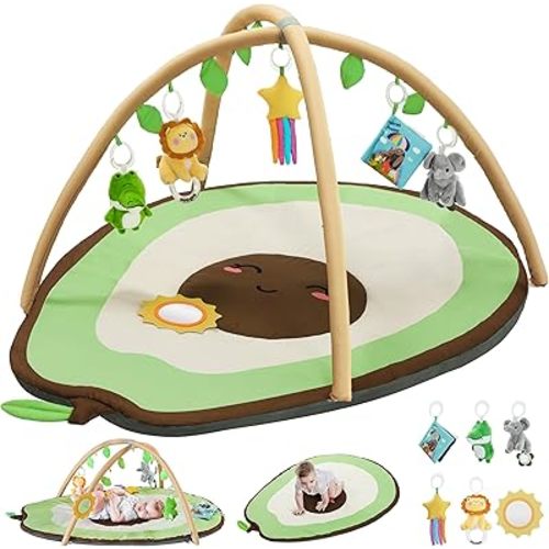 Baby Play Gym Mat & Activity Mat, Baby Tummy Time Mat, Large Avocado Shaped Playmat with 6 Detachable Toys for Motor Skills & Sensory Development, Washable Infant Baby Essentials,Light Green