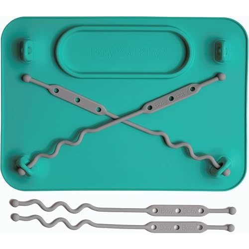 BUSY BABY Silicone Mat - Suction Cups, 4 Straps to Secure Baby Essentials, Self Feeding, Baby Led Weaning, Travel Sleeve Included (Spearmint)