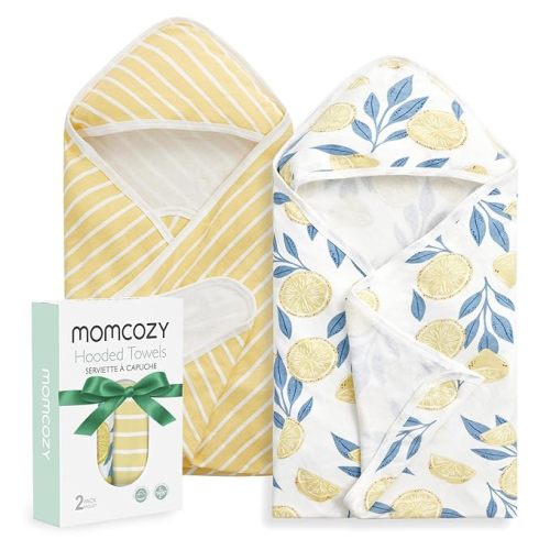 Momcozy Baby Hooded Towel, 2 PackBaby Towel Set, Super Soft Bath Towel with Original Design, Shower Gifts for Infant, Toddler (28 X 28 Inch, Lemon Leaves) - Newborn Bath Towel ( 28 X 28 Inch )