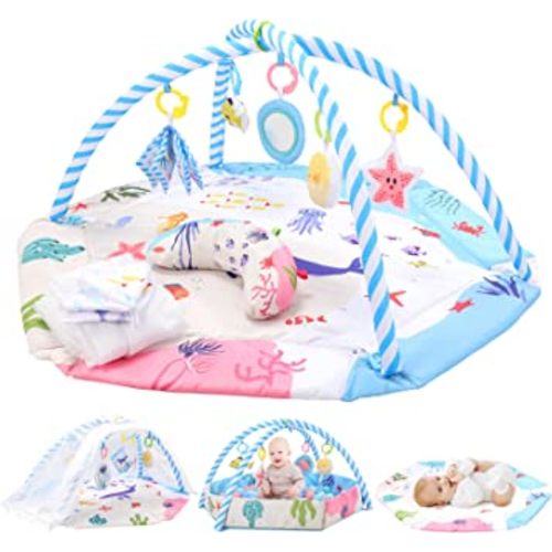 Baby Play Gym Mat, 5-in-1 Tummy Time Mat & Ball Pit, Baby Play Mat Activity Gym with Net and 6 Toys, Baby Toys Gift for Toddler Infant 3-6-9-12-18 Months