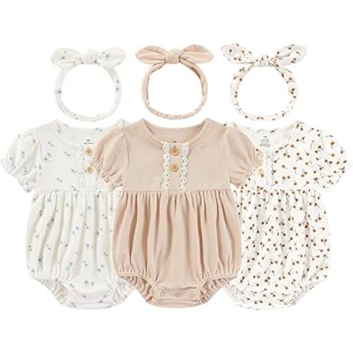 Baby Girl Outfit Cotton Bubble Romper Floral Dress Infant Girls Clothes 3-pack