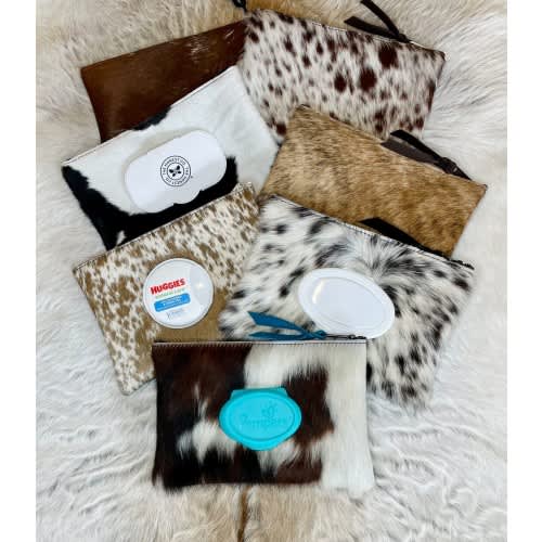 Cowhide Baby Wipes Case, Cowhide and Leather, Zippered Cowhide Wipes Holder, Western Style, Horse Tack, Car Accessory