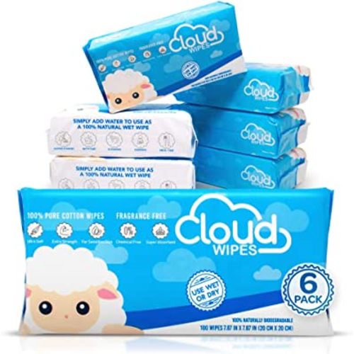 Cloud Wipes Pure Dry Cotton Baby Wipes Soft Durable Unscented Cloth Tissue for Sensitive Skin (6-Pack 600 Count)