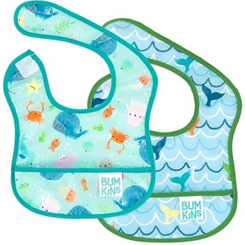 Bumkins Bibs, for Baby Girl or Boy, Infant 3-9 Months, Essential Must Have for Eating, Feeding, Baby Led Weaning Supplies, Mess Saving Waterproof Soft Fabric, Starter Bib 2-pk Blue Ocean Life