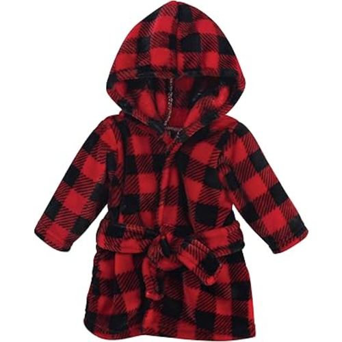 Hudson Baby Unisex Baby Plush Animal Face Bathrobe, Red Black Plaid, 0-9 Months