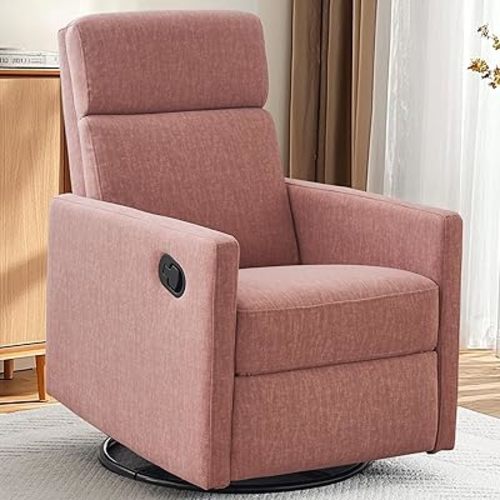 Swivel Rocker Recliner Chair for Adults,Glider Rocking Recliner Nursery Chair with Large Footrest for Living Room,Fabric Reclining Single Sofa Chair (Pink)