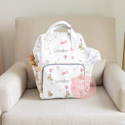 Winnie Pooh Diaper Bag Baby Shower Gift Baby Girl Personalized Bow Blanket Classic Pooh Custom Mom Bag Pink Nursery Decor Welcome Baby Gift