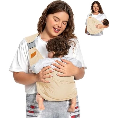 Baby Sling Carrier, Baby Carrier Newborn to Toddler(7-45lbs), Toddler Carrier with Safety Buckle, One Shoulder Adjustable Shoulder Strap, One Size Fits All, Beige