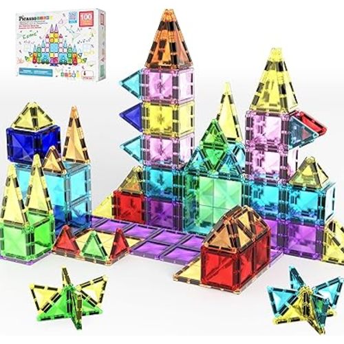 PicassoTiles 100 Piece Mini Magnetic Tiles, Travel STEM Toy for Kids 3+