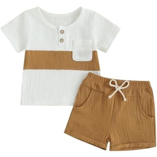 fhutpw Baby Boy Summer Outfits Henley Shirt Soft Pocket Short Sleeve Tops & Shorts Sets Infant 3 6 12 18 Months 2T Clothes
