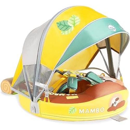 Mambobaby Baby Pool Float with Canopy, Non-Inflatable Infant Floats with Tail Solid Upgrade Soft Waterproof Skin-Friendly Mambo Baby Swimming Float for 3-24 Months Baby Boys Girls